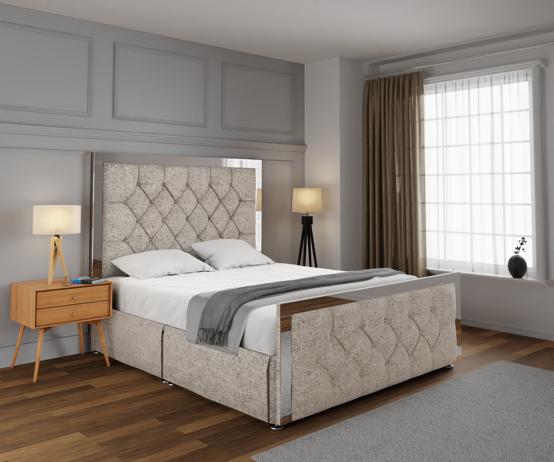 Chesterfield Mirrored Open Storage Divan Bed Set With Footboard