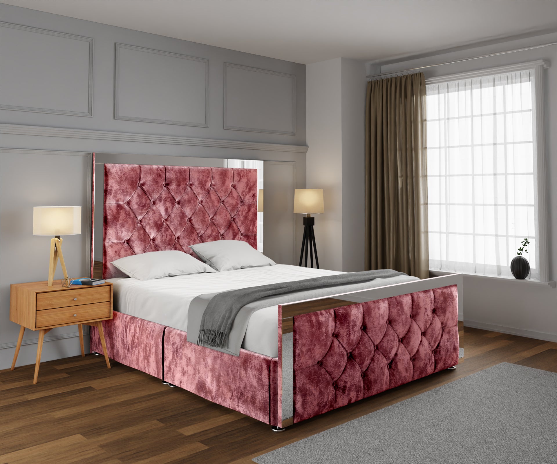 Chesterfield Mirrored Open Storage Divan Bed Set With Footboard