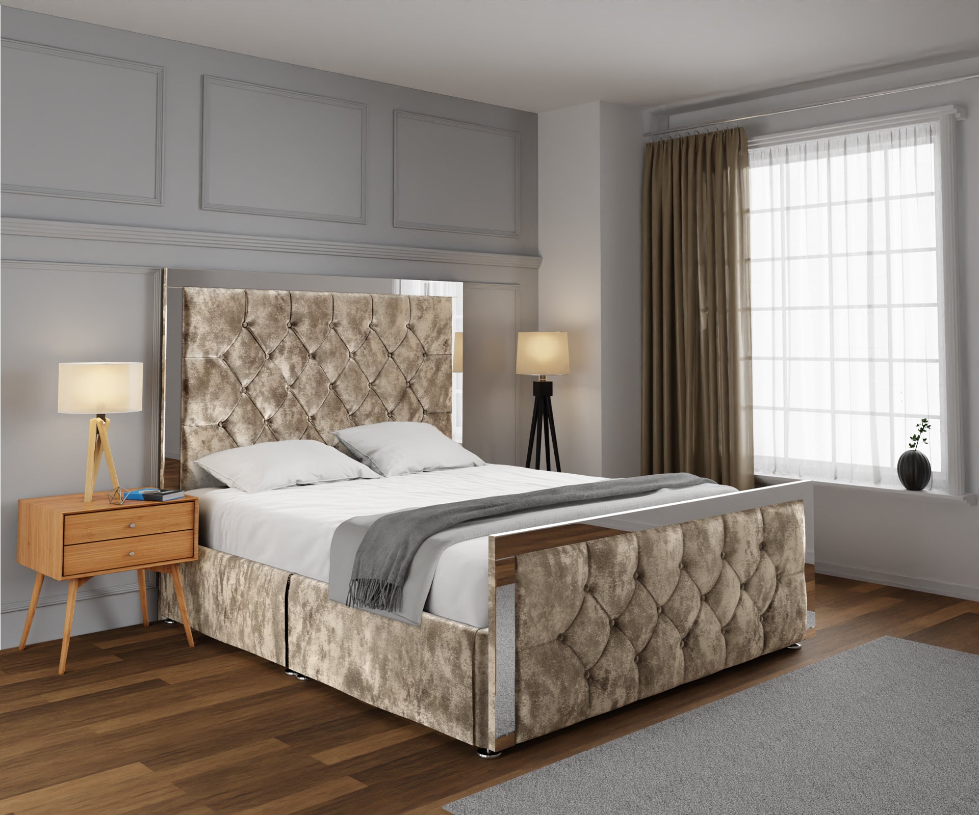 Chesterfield Mirrored Open Storage Divan Bed Set With Footboard