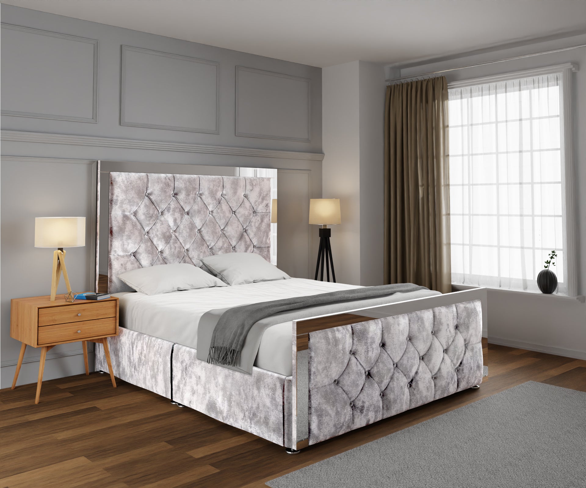 Chesterfield Mirrored Open Storage Divan Bed Set With Footboard