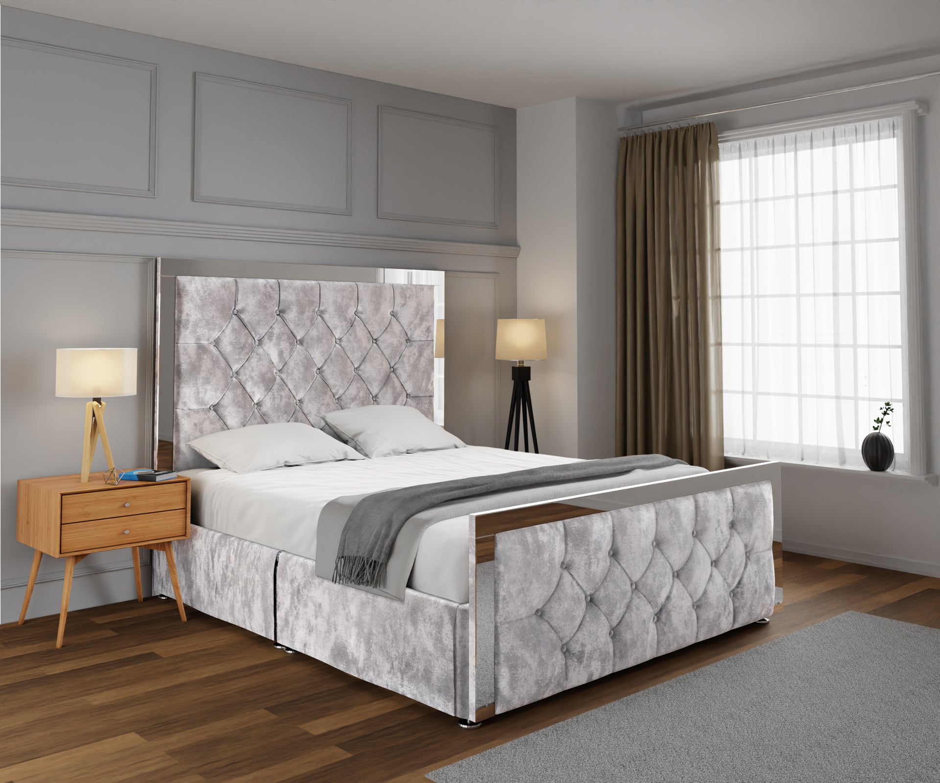 Chesterfield Mirrored Open Storage Divan Bed Set With Footboard