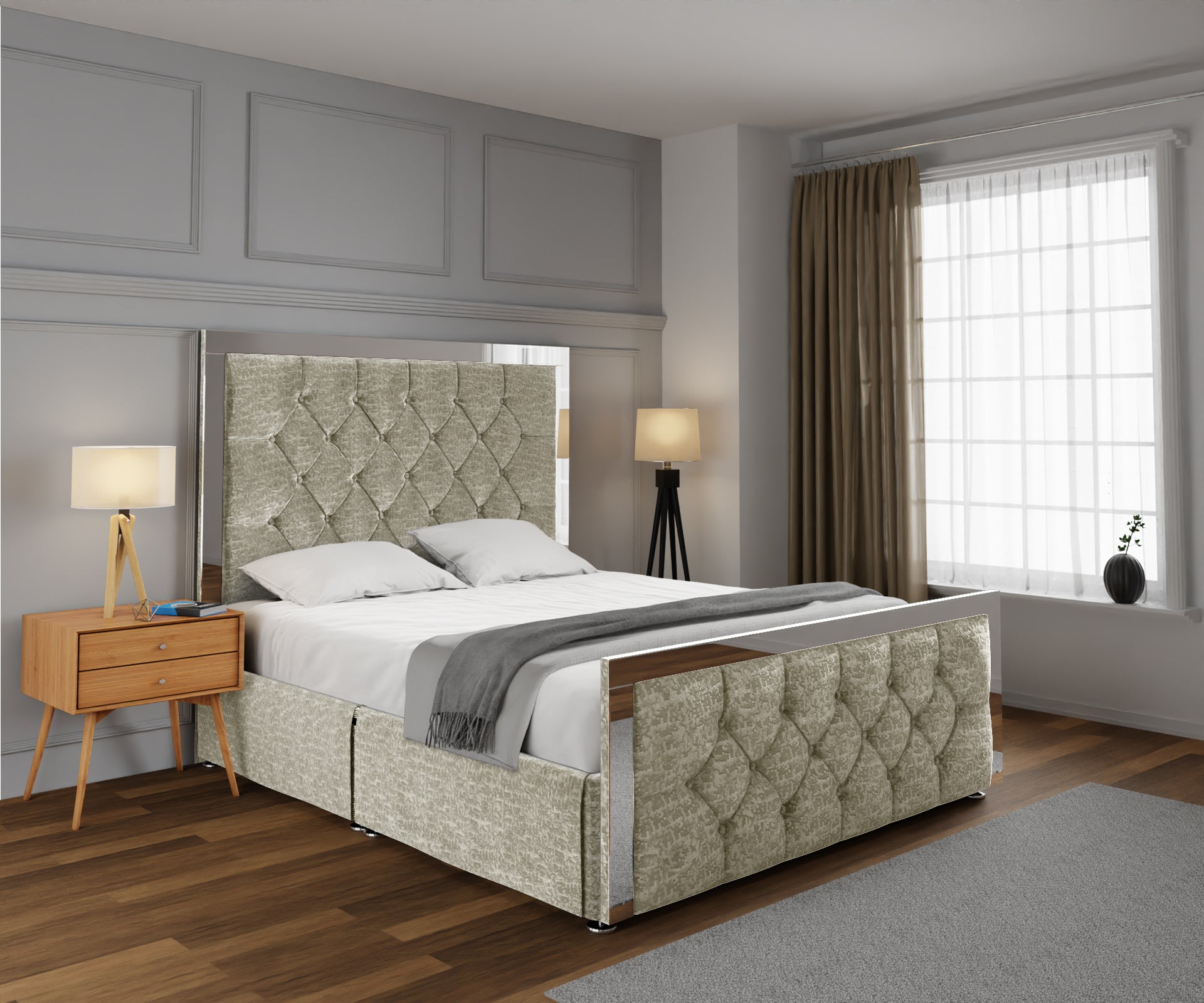 Chesterfield Mirrored Open Storage Divan Bed Set With Footboard