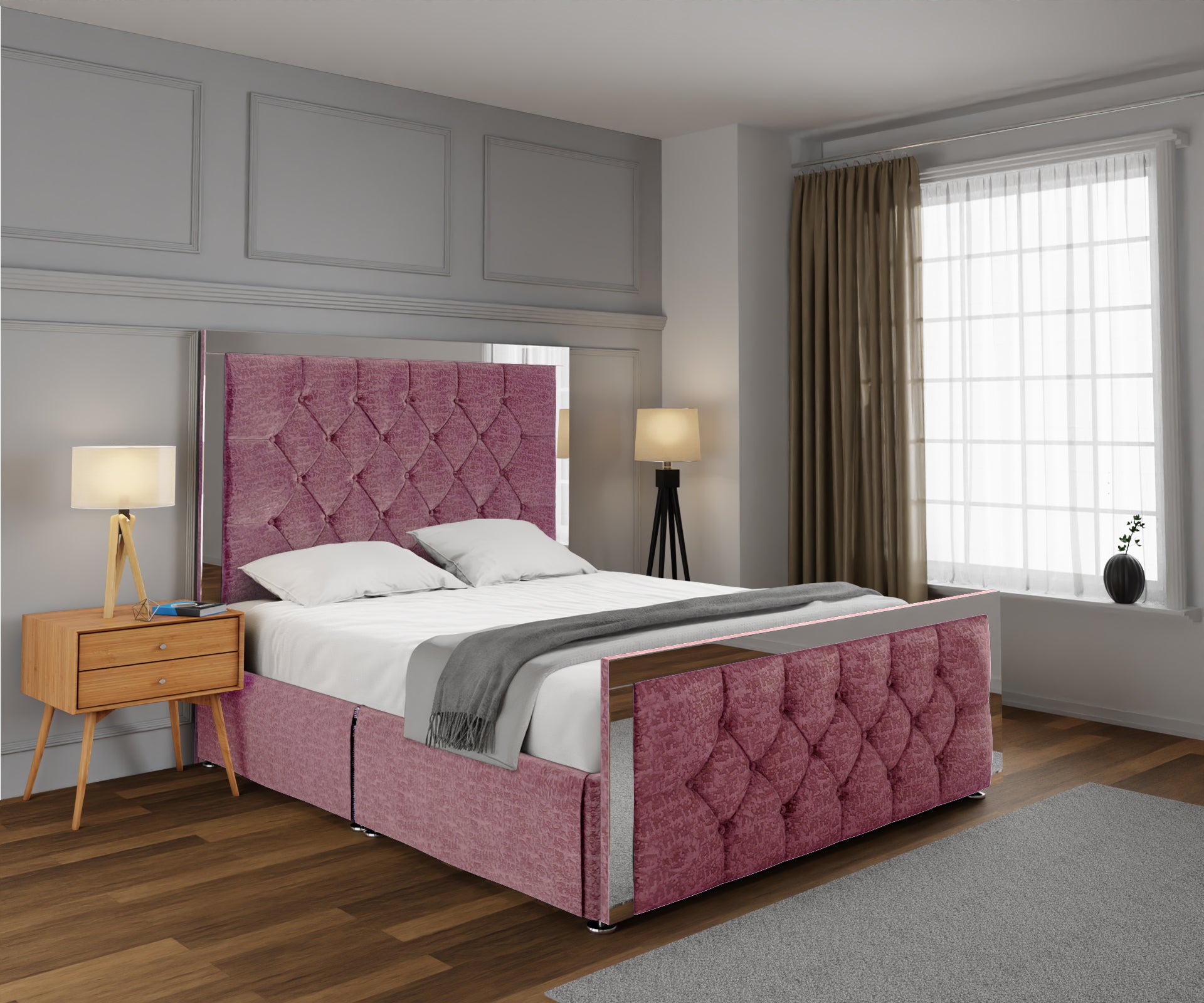 Chesterfield Mirrored Open Storage Divan Bed Set With Footboard