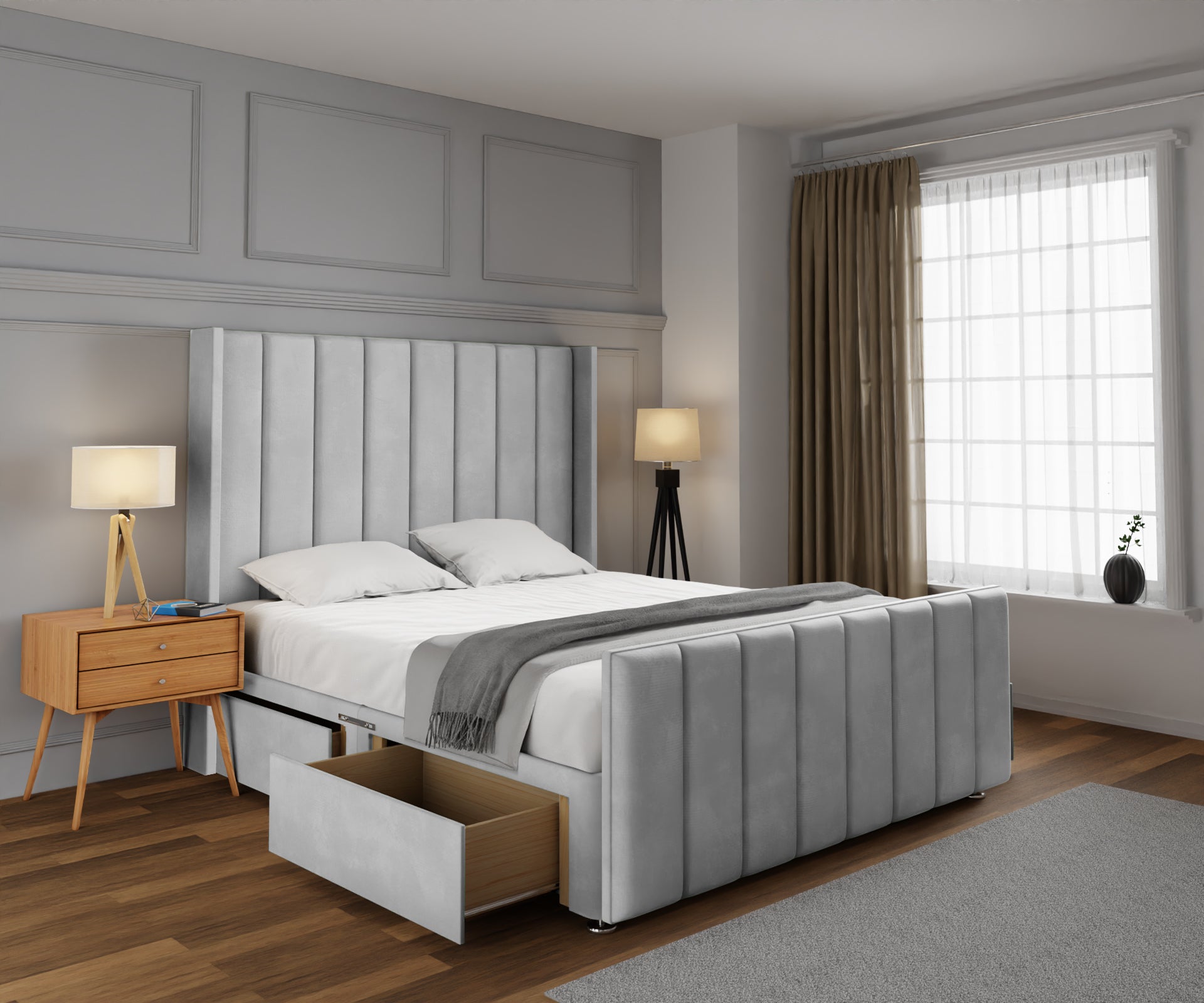 Amelia Line Winged Divan Bed Set With Footboard