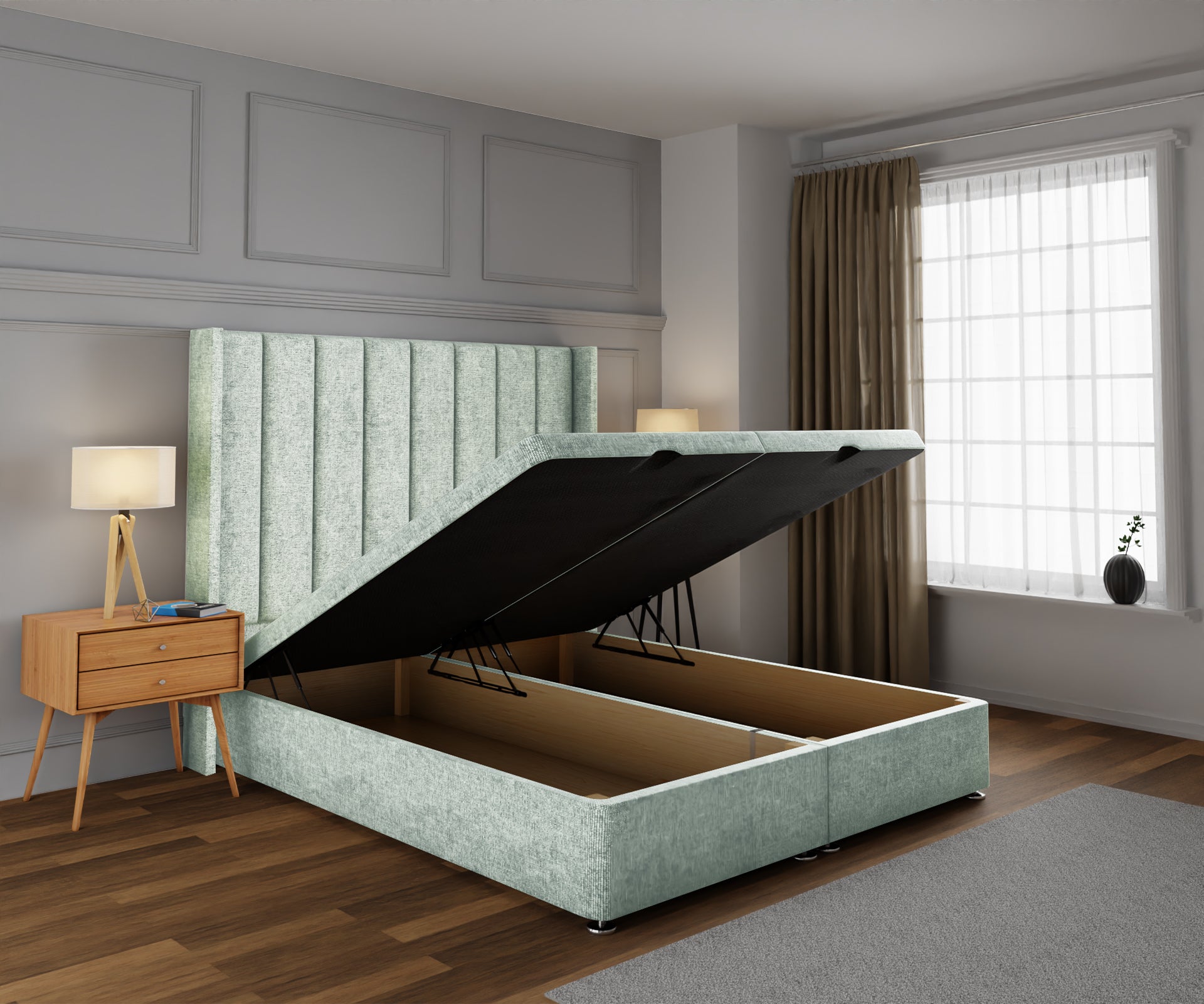 Amelia Line Winged Ottoman Storage Divan Bed Base With Headboard