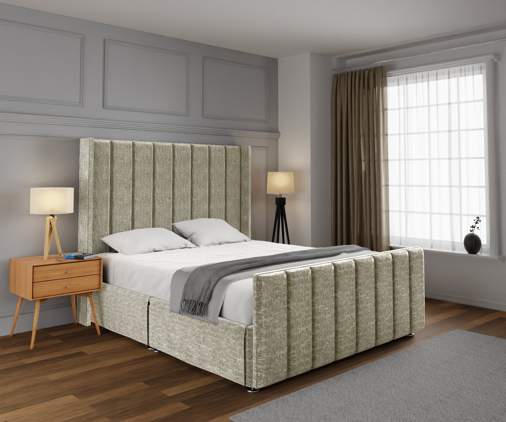 Amelia Line Winged Open Storage Divan Bed Set With Footboard