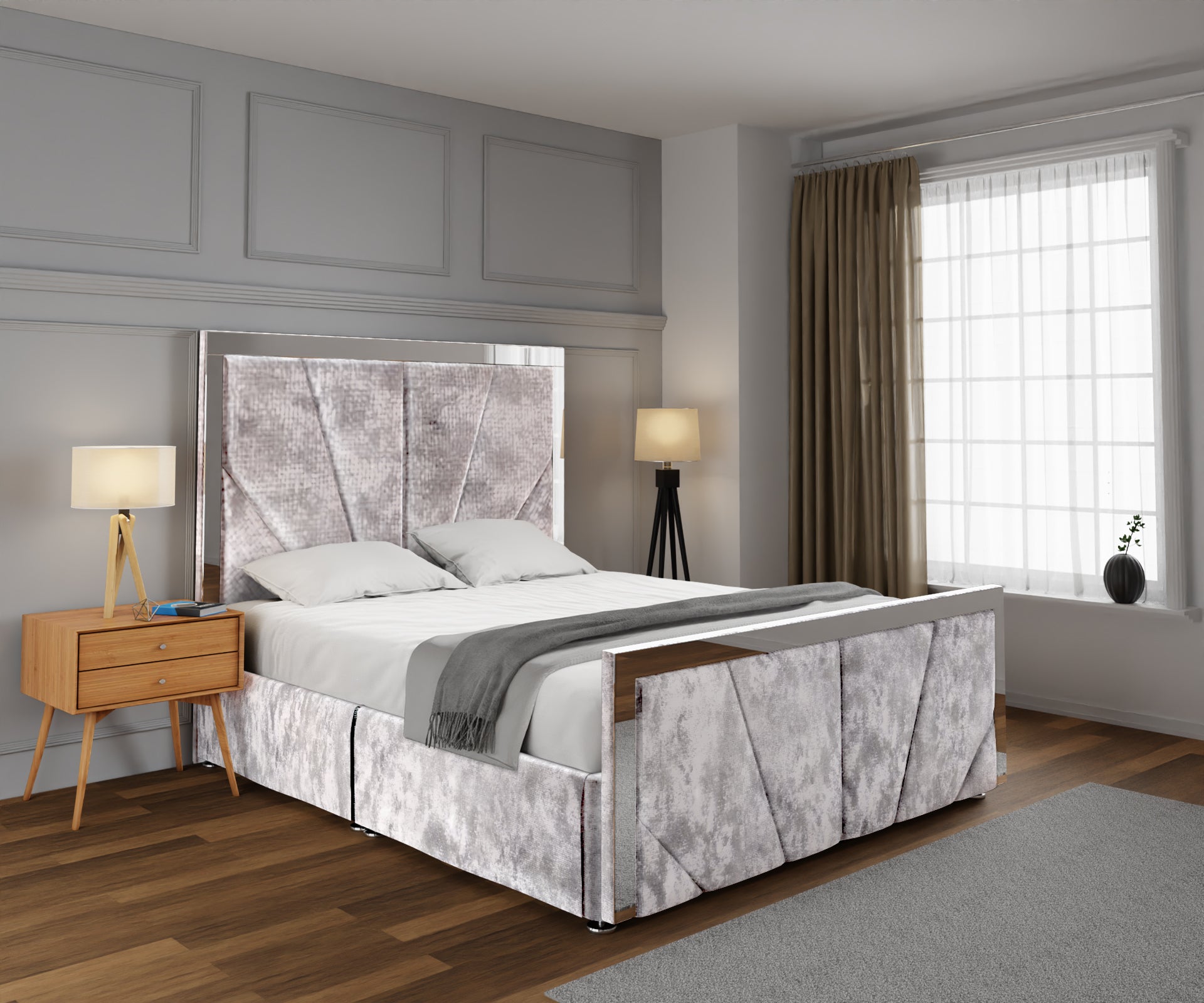 Chelsea Horizon Mirrored Open Storage Bed Set With Footboard