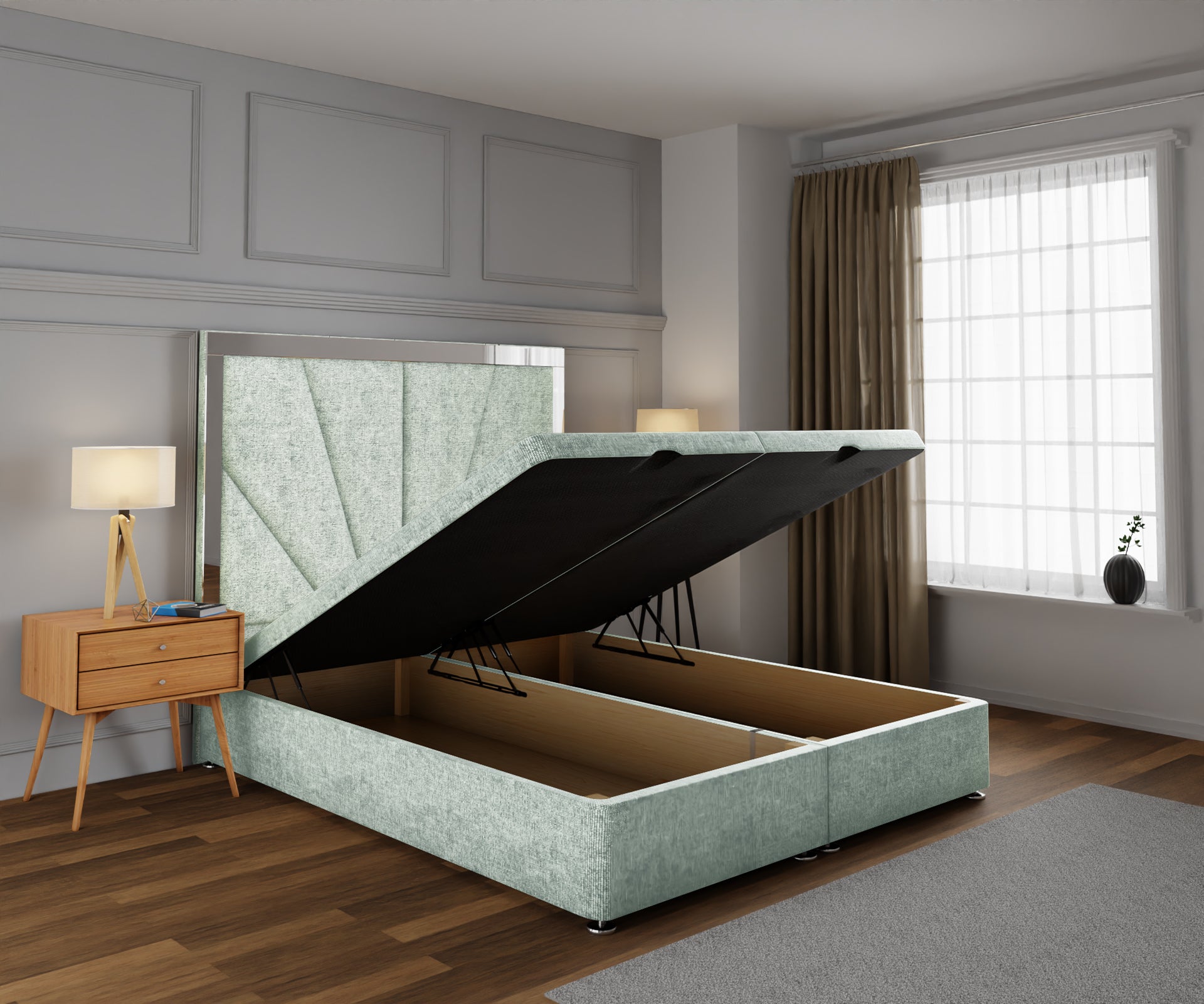 Chelsea Horizon Mirrored Ottoman Storage Divan Bed Base With Headboard