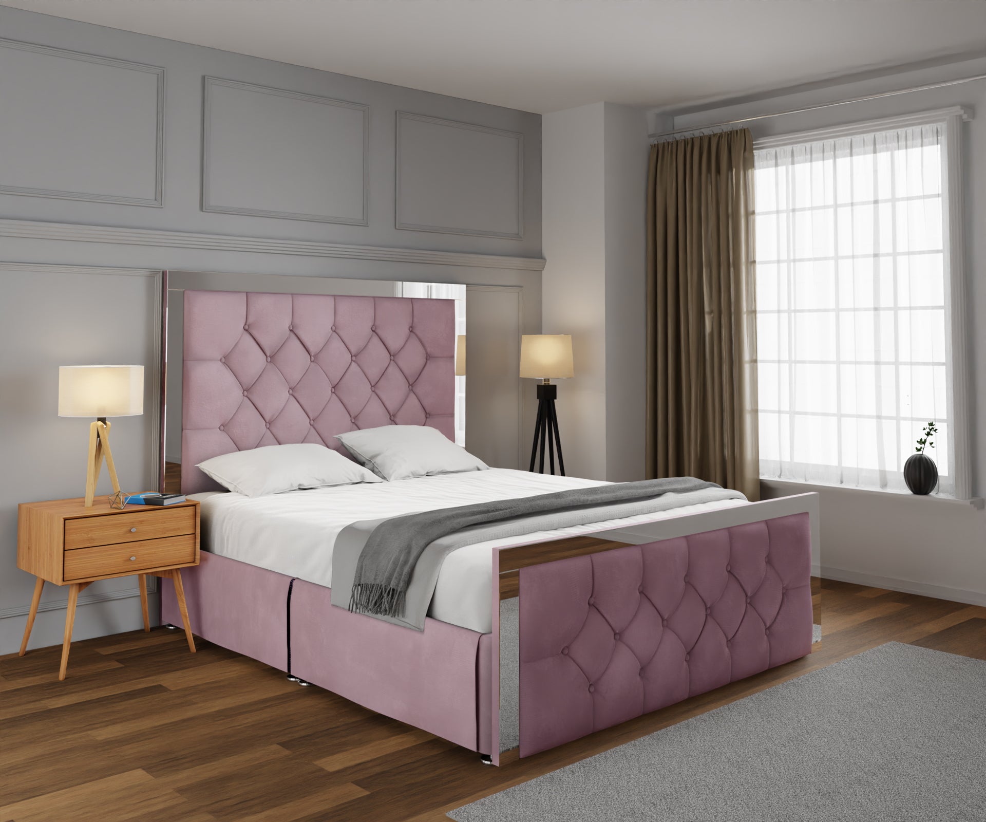 Chesterfield Mirrored Open Storage Divan Bed Set With Footboard