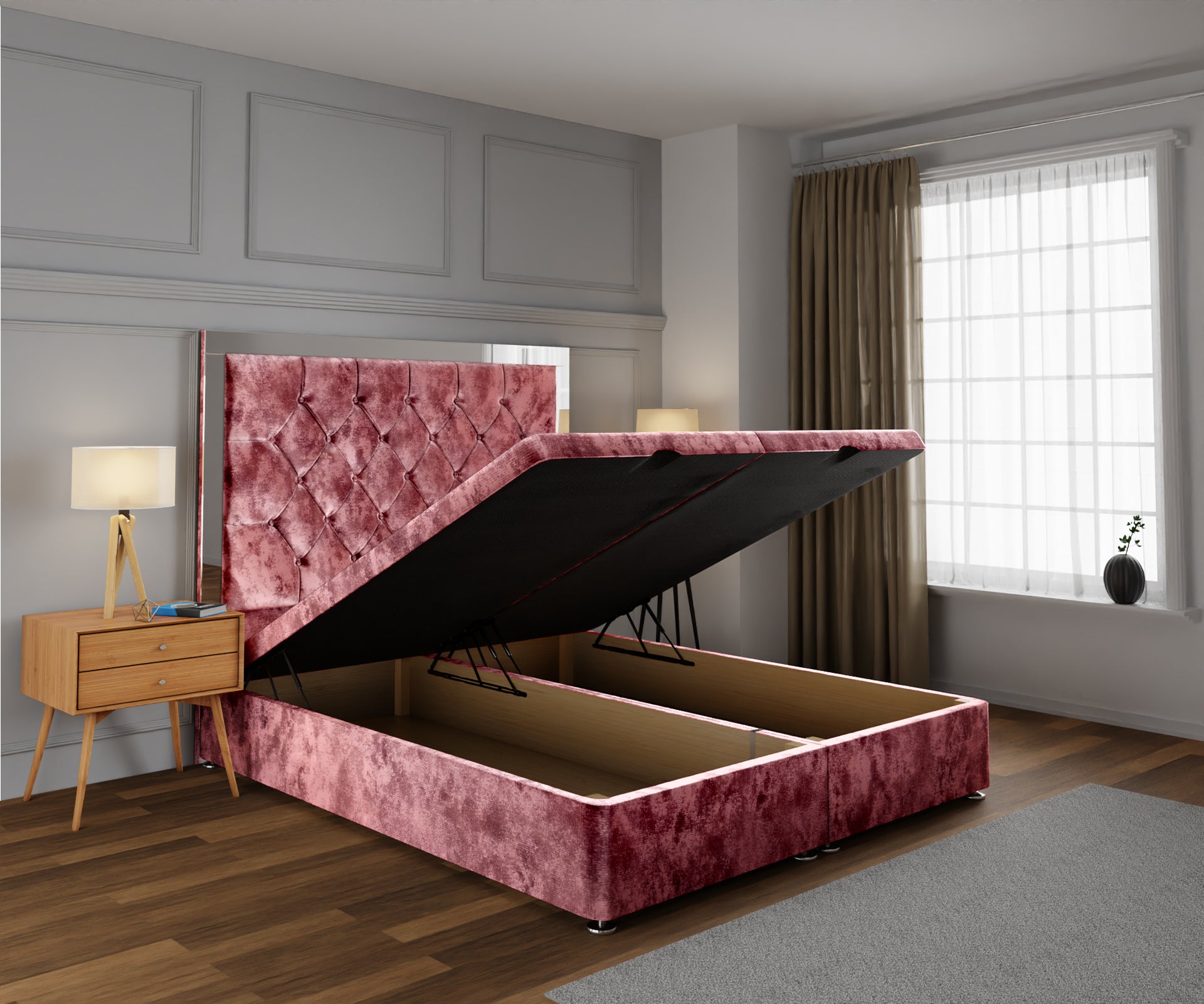 Chesterfield Mirrored Ottoman Storage Divan Bed Base With Headboard