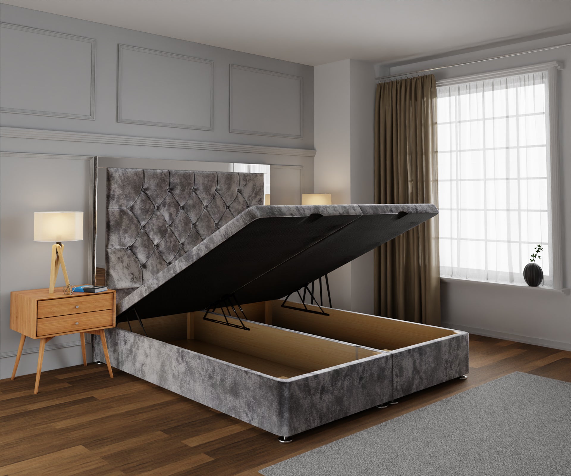 Chesterfield Mirrored Ottoman Storage Divan Bed Base With Headboard