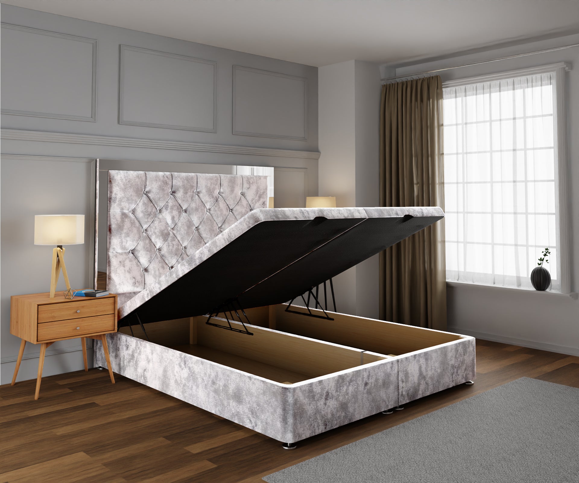 Chesterfield Mirrored Ottoman Storage Divan Bed Base With Headboard