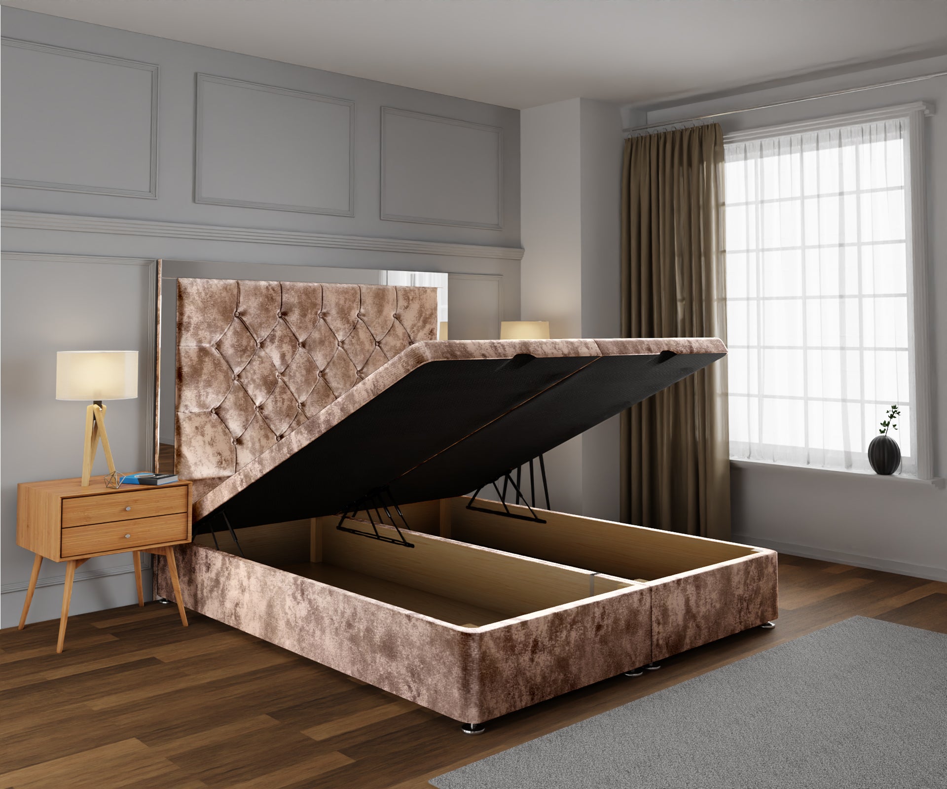 Chesterfield Mirrored Ottoman Storage Divan Bed Base With Headboard