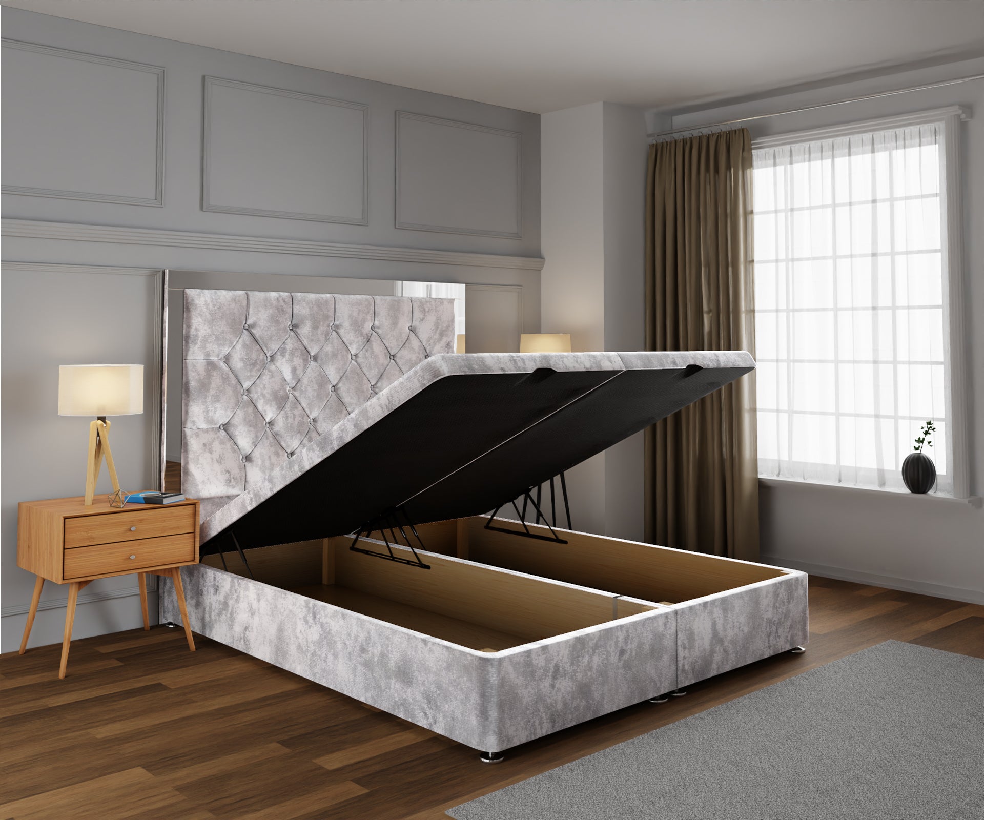 Chesterfield Mirrored Ottoman Storage Divan Bed Base With Headboard