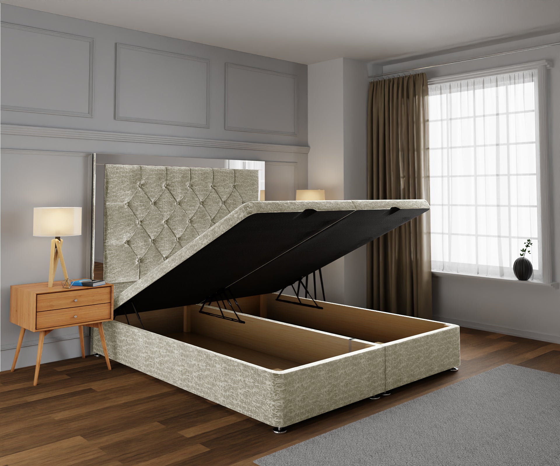 Chesterfield Mirrored Ottoman Storage Divan Bed Base With Headboard