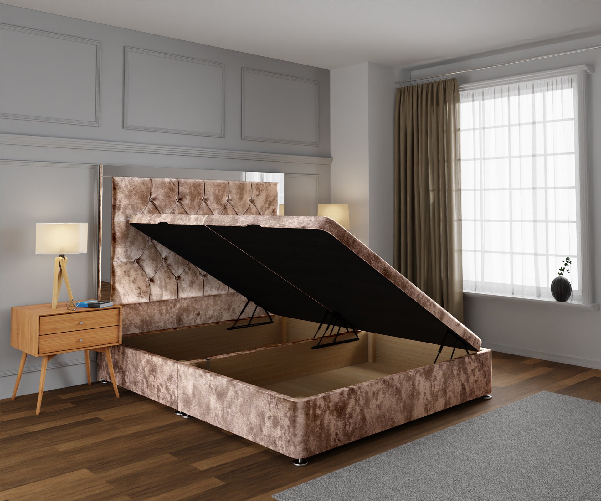 Chesterfield Mirrored Ottoman Storage Divan Bed Base With Headboard