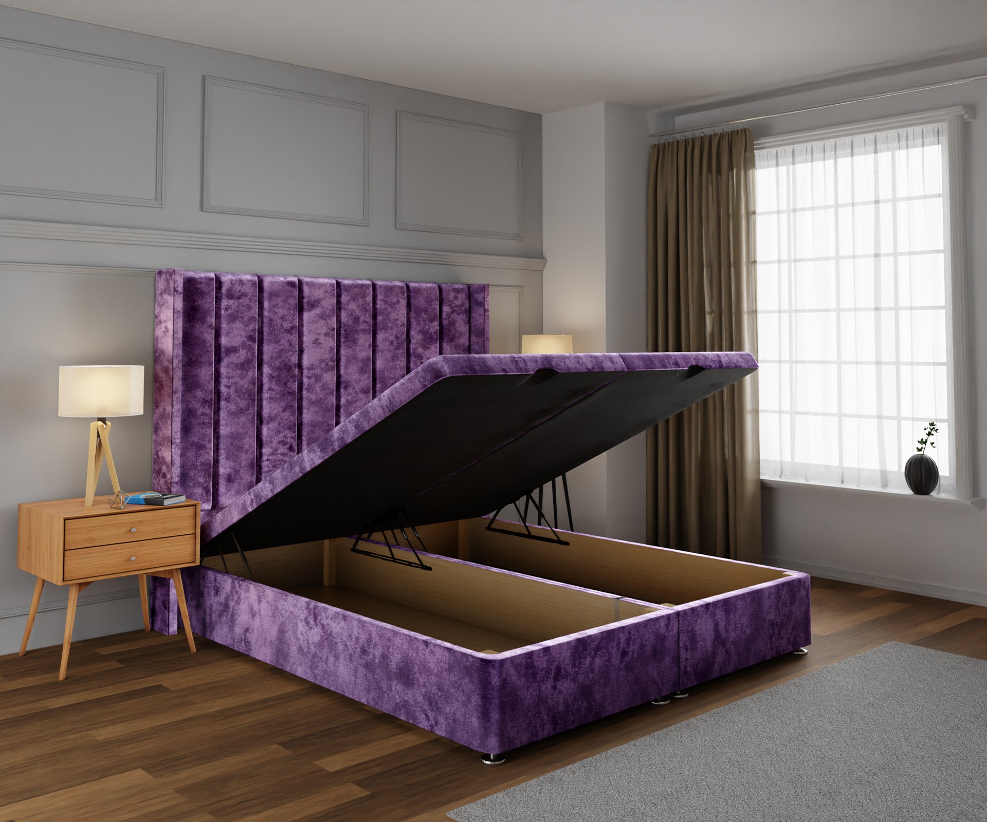 Amelia Line Winged Ottoman Storage Divan Bed Base With Headboard