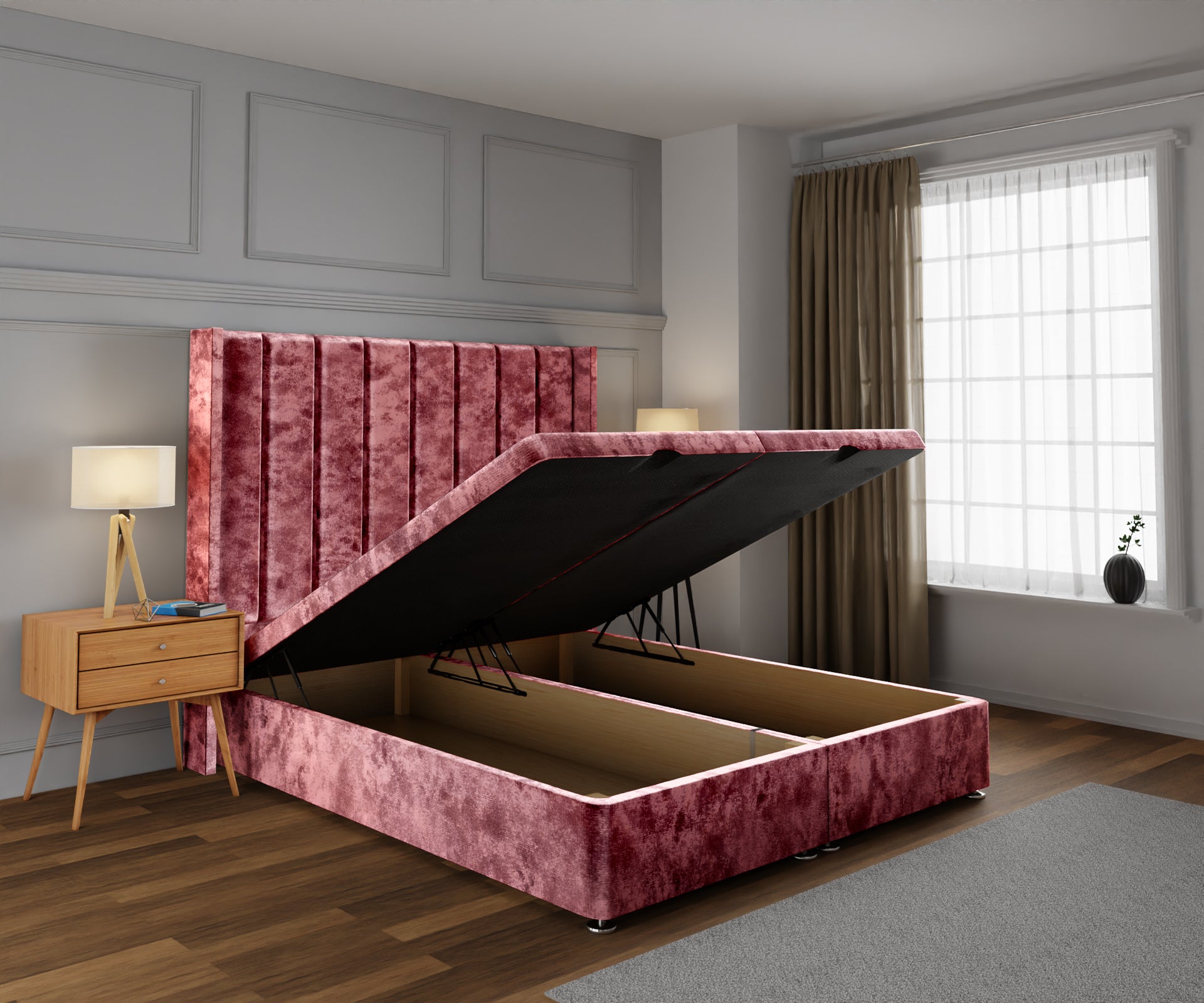 Amelia Line Winged Ottoman Storage Divan Bed Base With Headboard