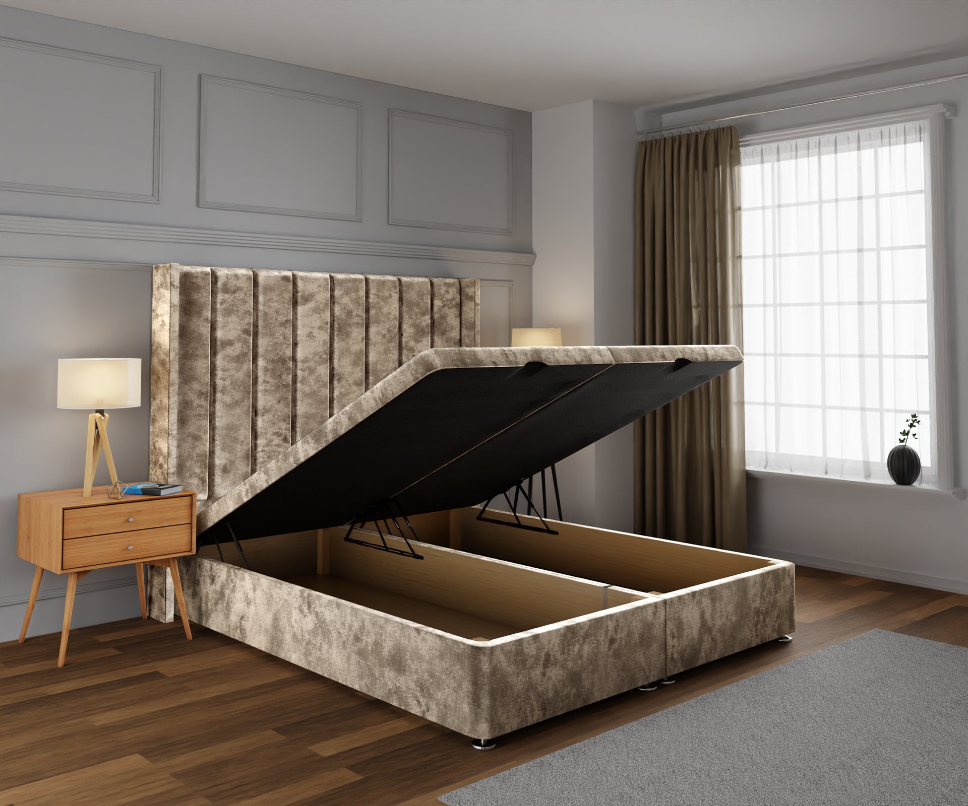 Amelia Line Winged Ottoman Storage Divan Bed Base With Headboard