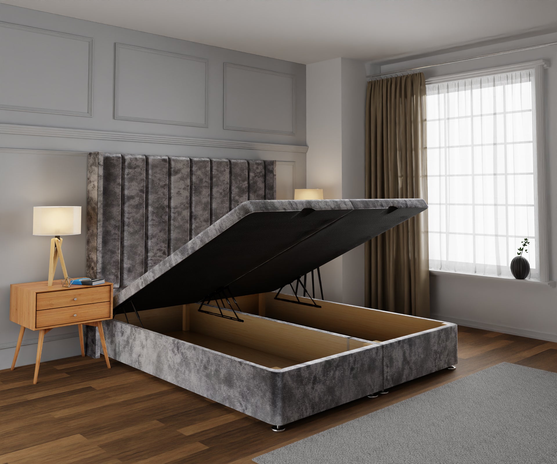 Amelia Line Winged Ottoman Storage Divan Bed Base With Headboard