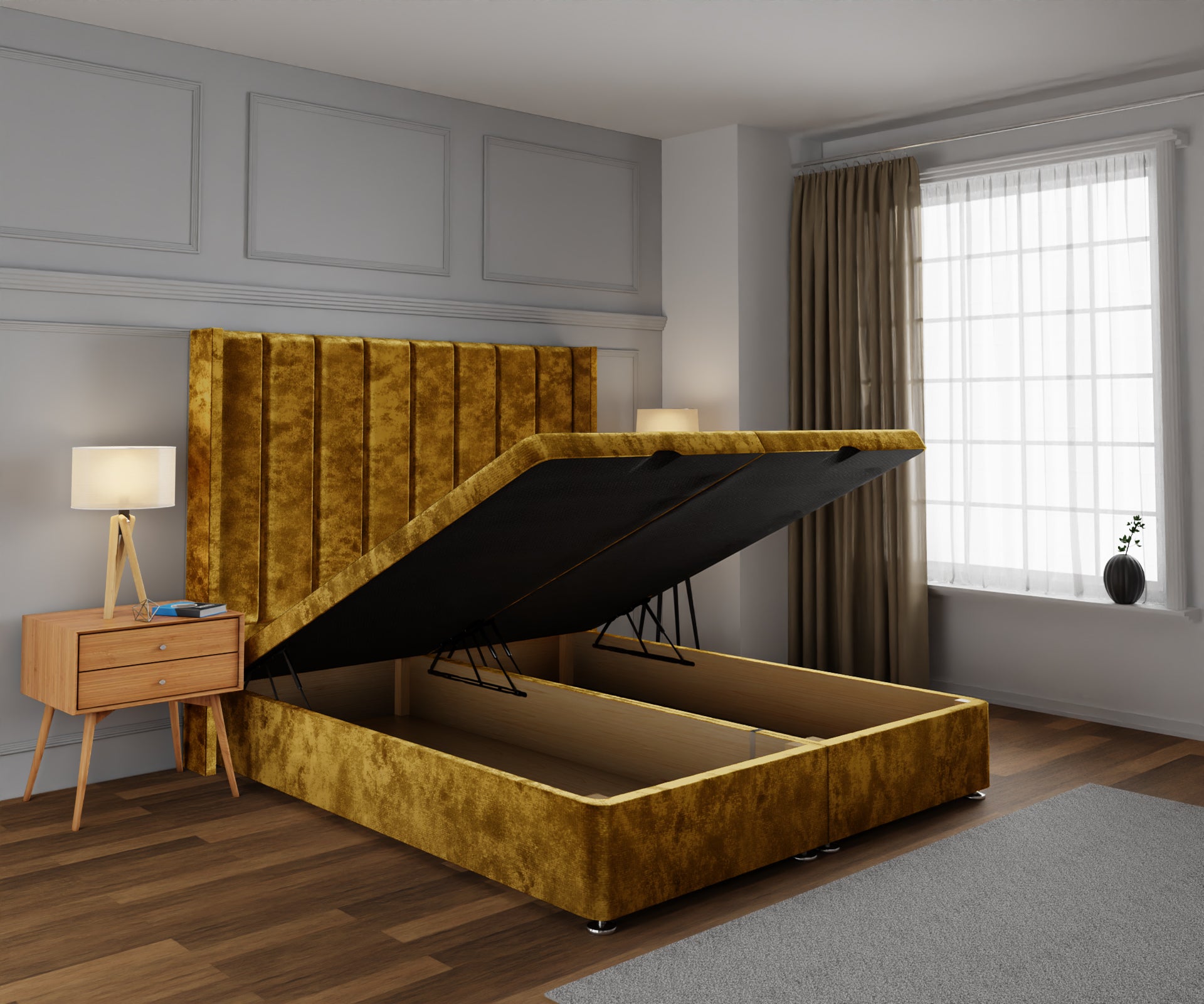 Amelia Line Winged Ottoman Storage Divan Bed Base With Headboard