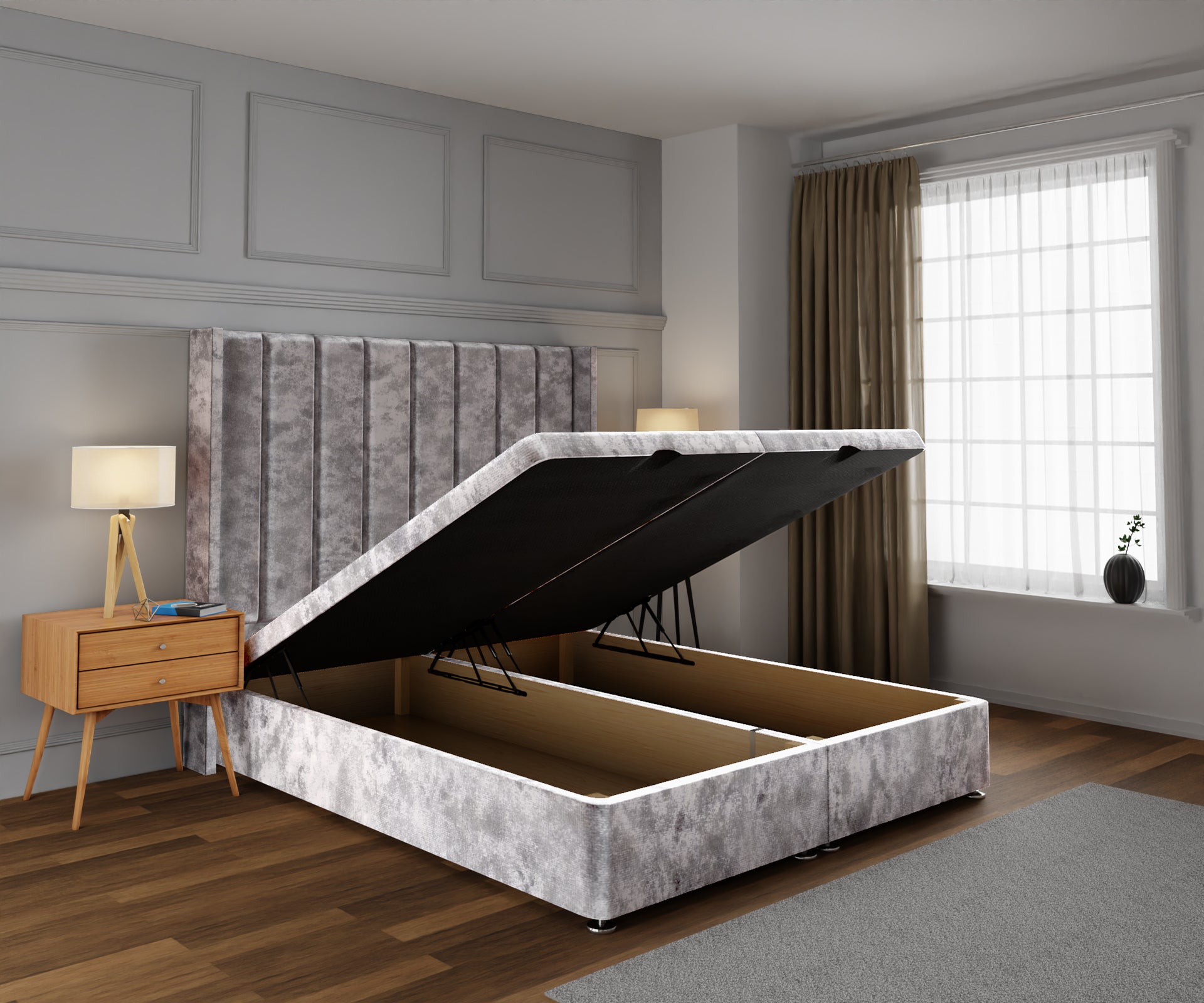 Amelia Line Winged Ottoman Storage Divan Bed Base With Headboard