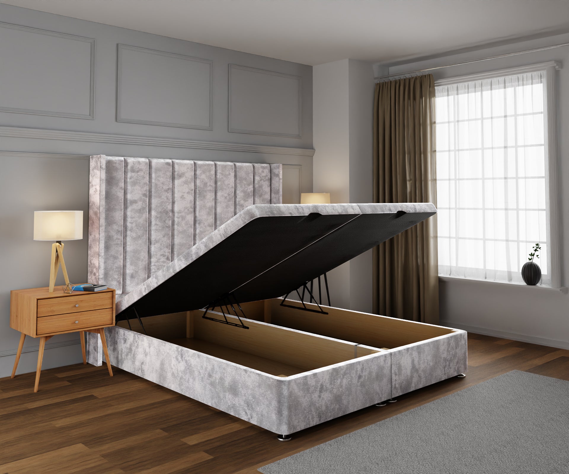 Amelia Line Winged Ottoman Storage Divan Bed Base With Headboard