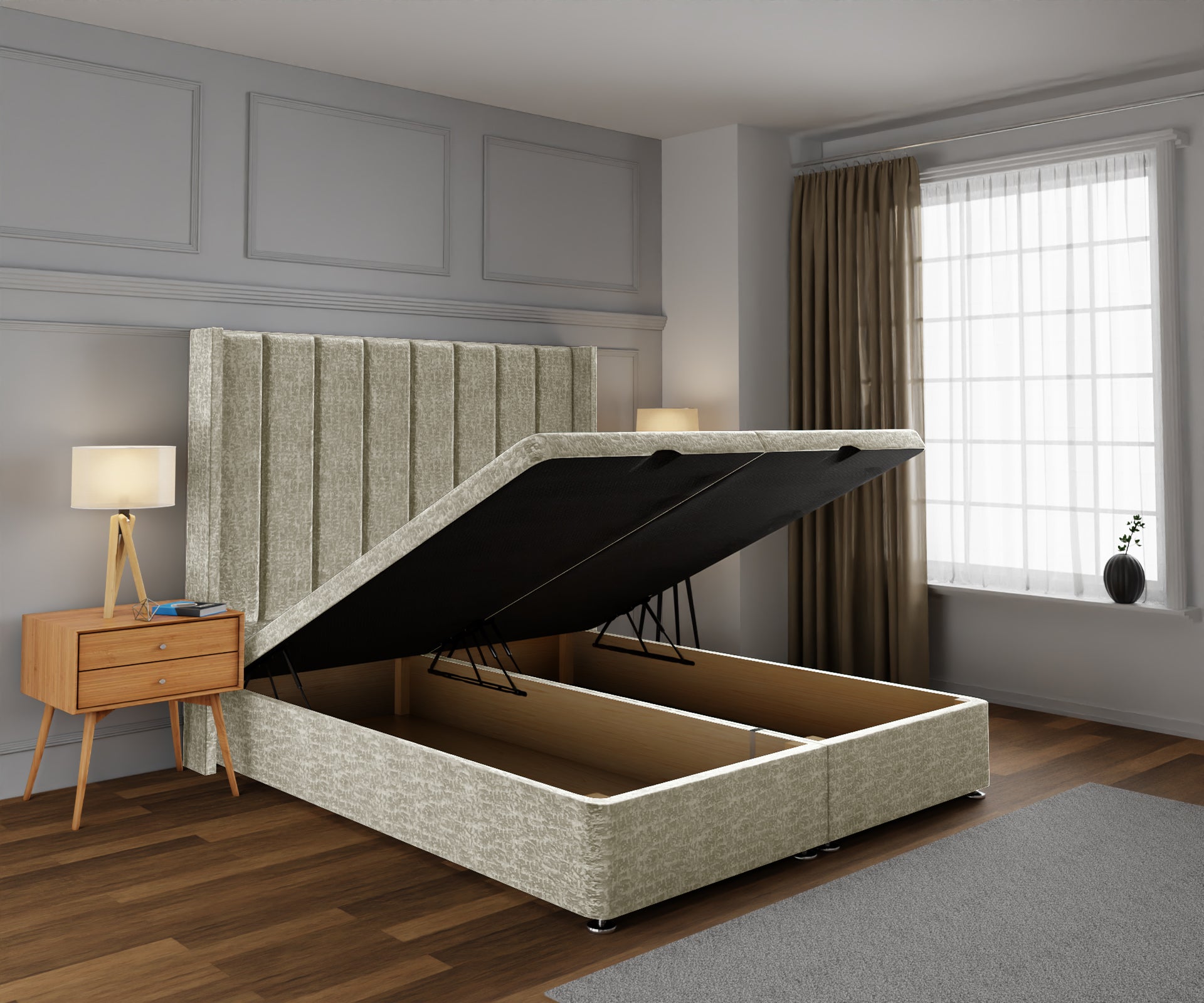 Amelia Line Winged Ottoman Storage Divan Bed Base With Headboard