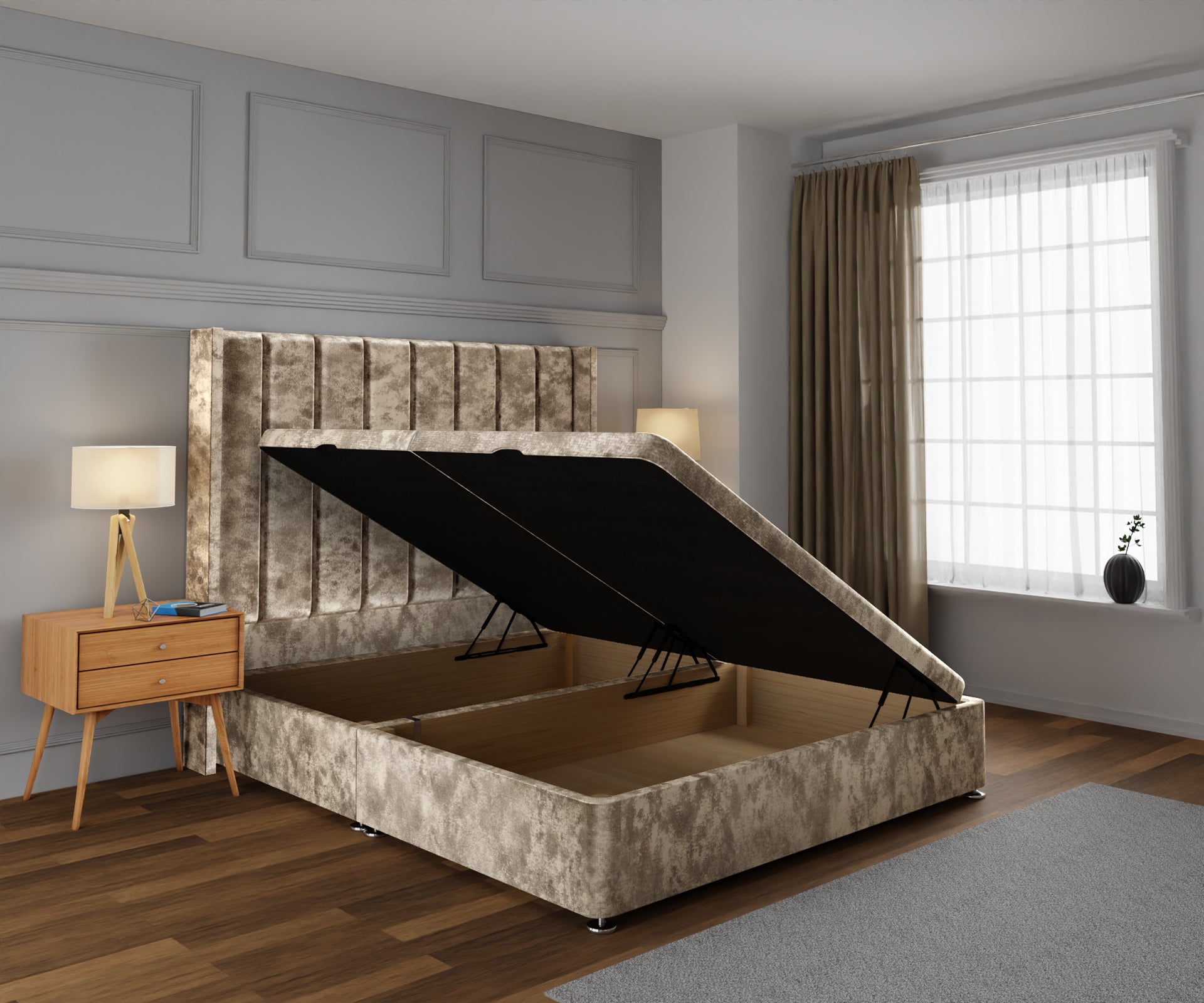 Amelia Line Winged Ottoman Storage Divan Bed Base With Headboard