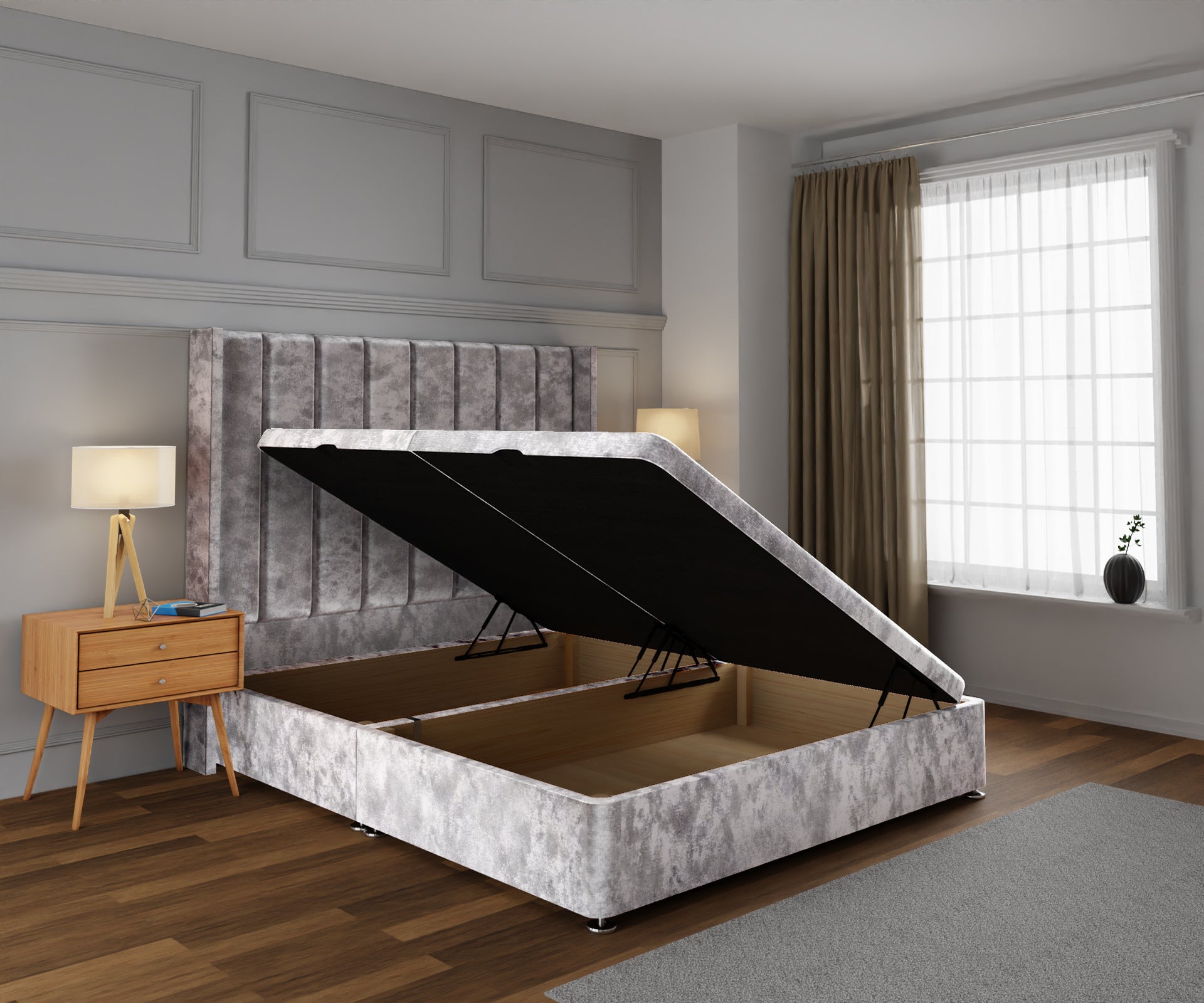 Amelia Line Winged Ottoman Storage Divan Bed Base With Headboard