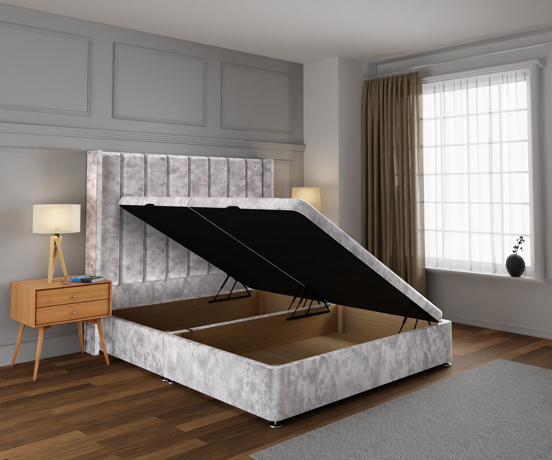 Amelia Line Winged Ottoman Storage Divan Bed Base With Headboard