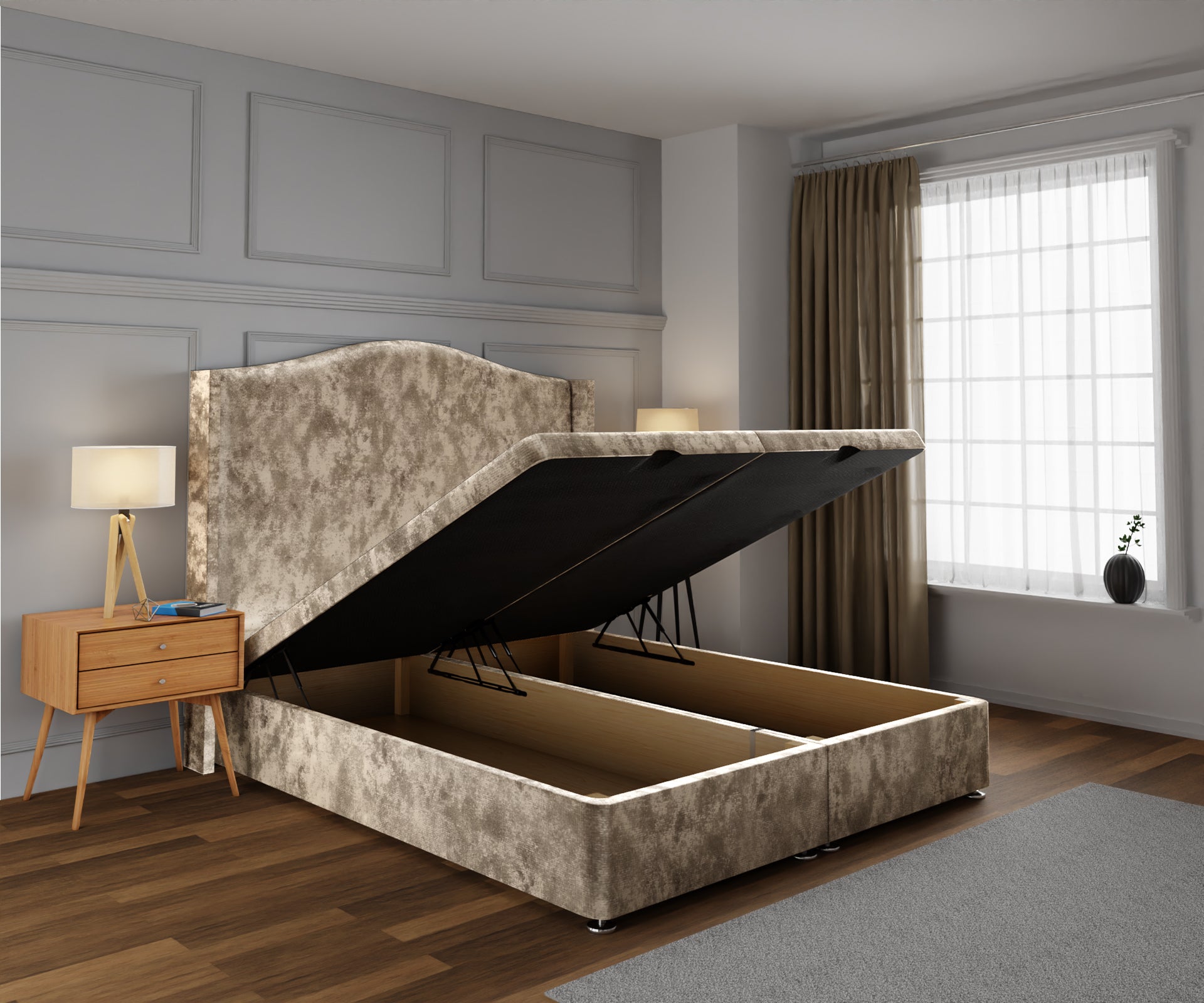 Arabella Winged Ottoman Storage Divan Bed Base With Headboard