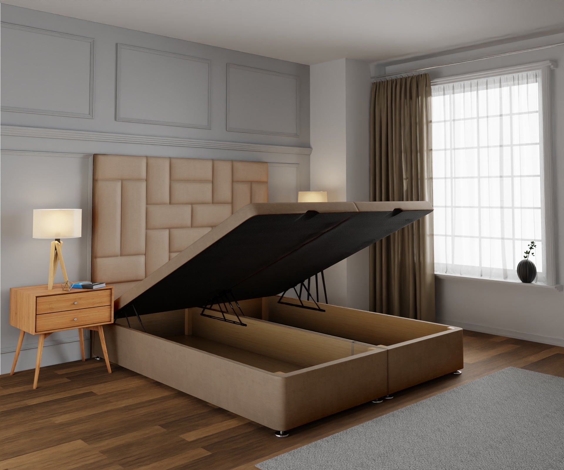 Majestic Multi Panel Ottoman Storage Divan Bed Base With Headboard