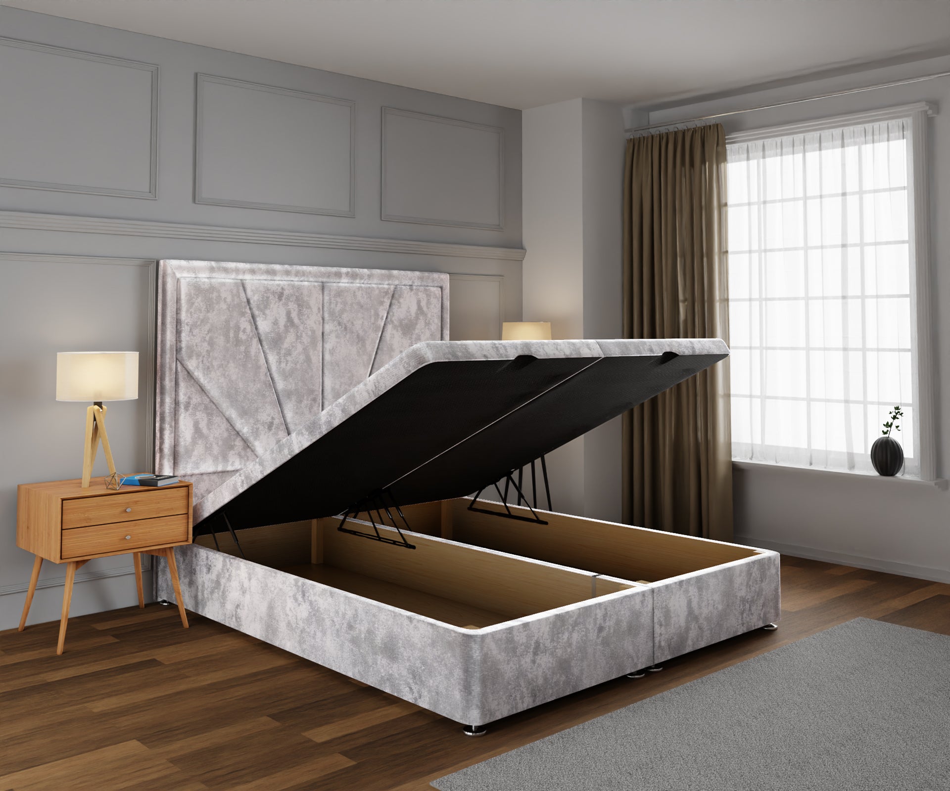 Paine Horizon Border Ottoman Storage Divan Bed Base With Headboard